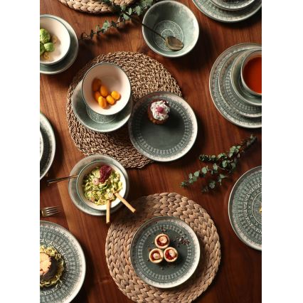 Jídelní sada 24 ks béžová/zelená/kamenina