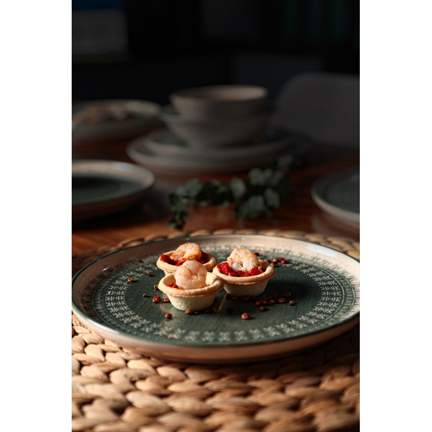 Jídelní sada 24 ks béžová/zelená/kamenina