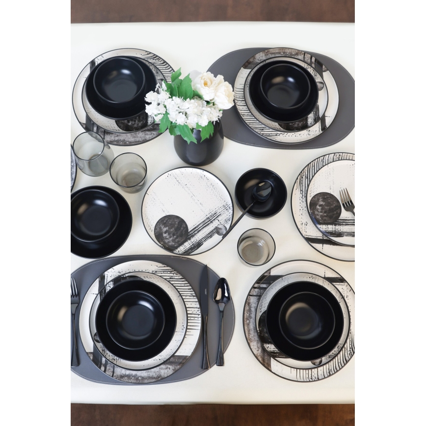 Jídelní sada 24 ks bílá/černá/kamenina