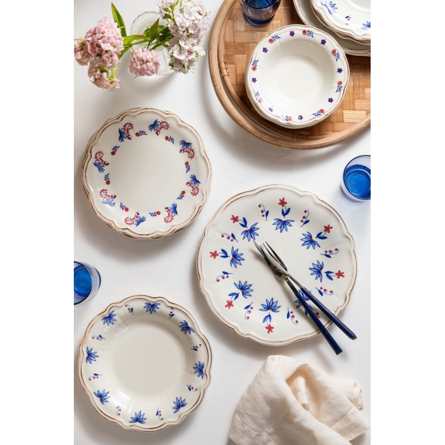 Jídelní sada 24 ks bílá/modrá/červená/porcelán