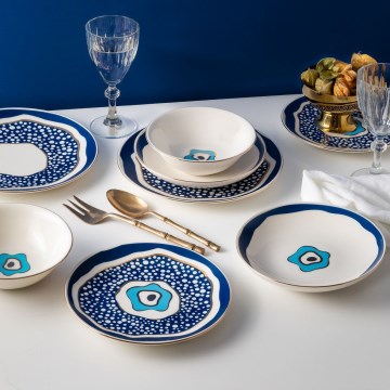Jídelní sada 24 ks bílá/modrá/zlatá/porcelán