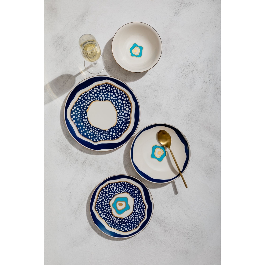 Jídelní sada 24 ks bílá/modrá/zlatá/porcelán