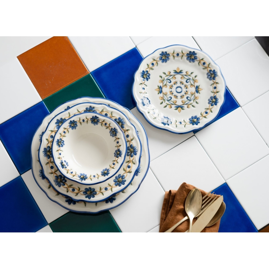 Jídelní sada 24 ks bílá/modrá/žlutá/porcelán