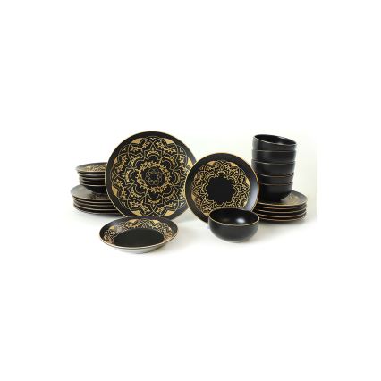 Jídelní sada 24 ks černá/zlatá/keramika