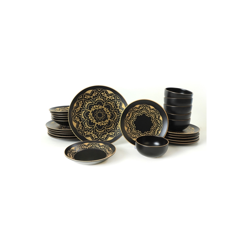 Jídelní sada 24 ks černá/zlatá/keramika