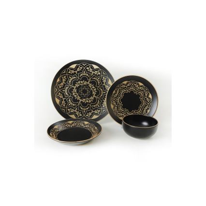 Jídelní sada 24 ks černá/zlatá/keramika