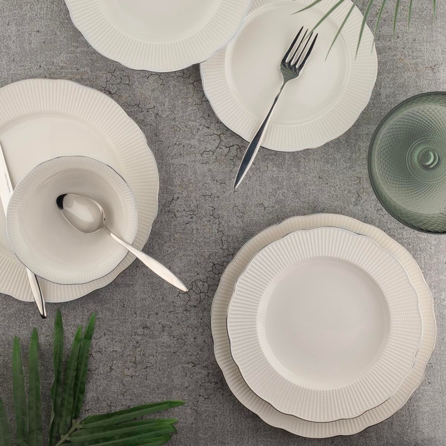 Jídelní sada 26 ks bílá/stříbrná/kostní porcelán