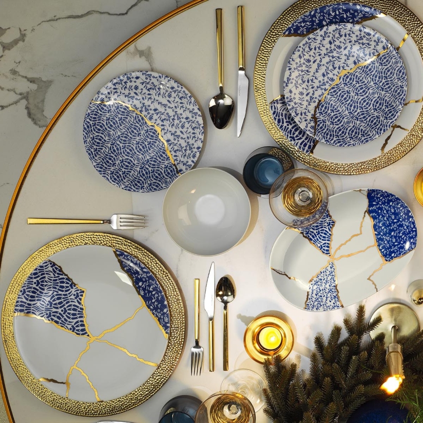Jídelní sada 28 ks bílá/zlatá/modrá/porcelán