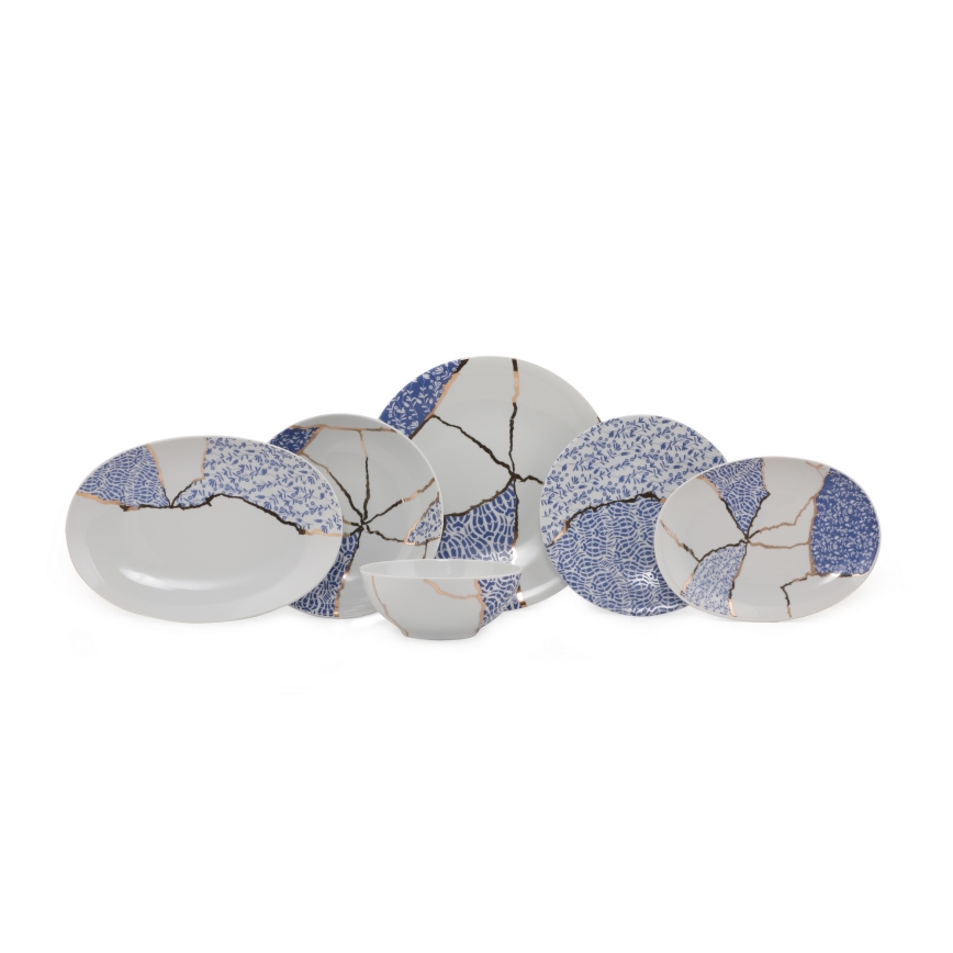 Jídelní sada 28 ks bílá/zlatá/modrá/porcelán