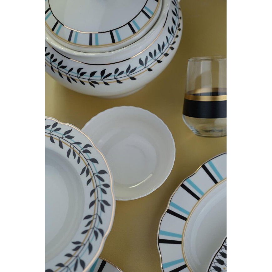 Jídelní sada 62 ks bílá/modrá/černá/porcelán