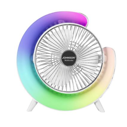 JOHNSON - LED RGB Nabíjecí stolní ventilátor MULTICOLOR LED/5W/3,7V 1200 mAh pr. 14 cm bílá