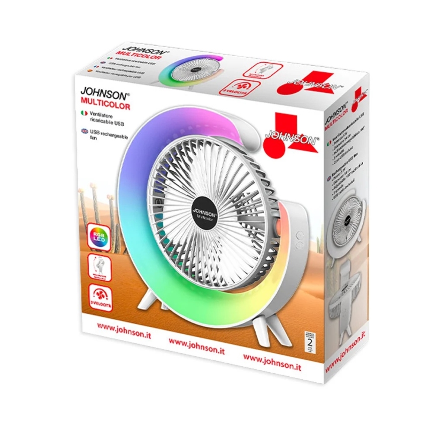 JOHNSON - LED RGB Nabíjecí stolní ventilátor MULTICOLOR LED/5W/3,7V 1200 mAh pr. 14 cm bílá