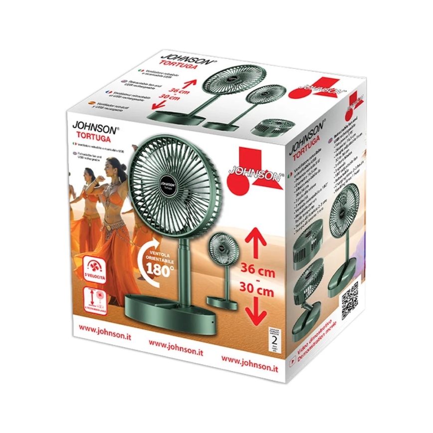 JOHNSON - Nabíjecí stolní ventilátor TORTUGA 5W/3,7V 1200 mAh pr. 16,5 cm zelená