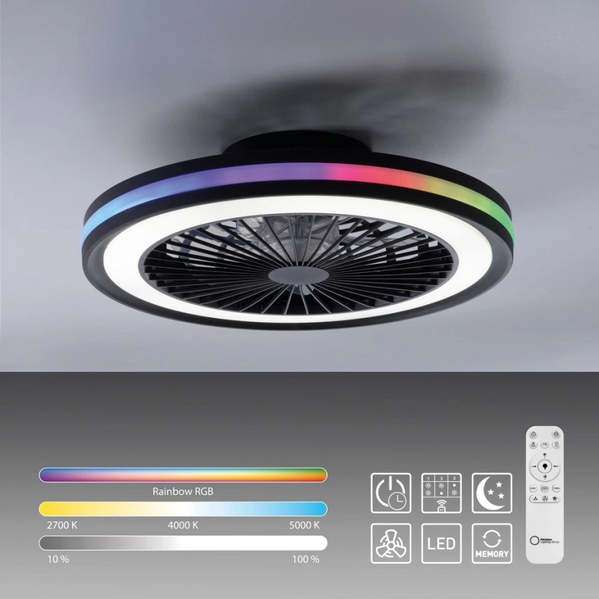 JUST LIGHT. 14649-18 - LED RGBW Stmívatelný stropní ventilátor se světlem BRANDON LED/36W/230V 2700-5000K pr. 46,5 cm černá + dálkové ovládání