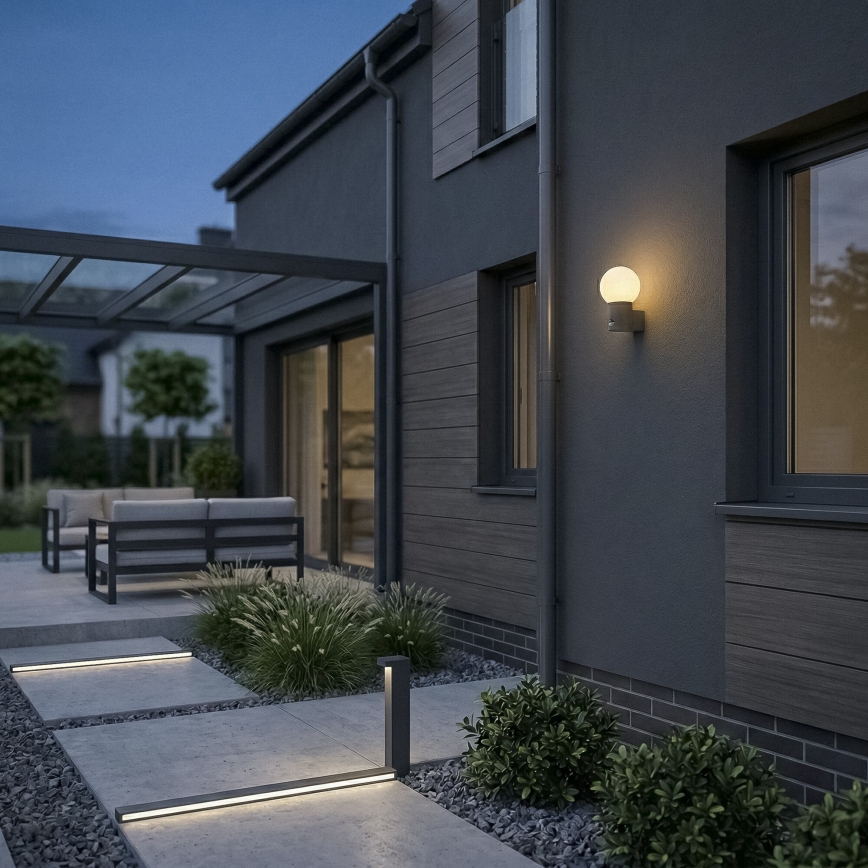 Venkovní nástěnná lampa se senzorem pohybu a soumraku STONO 1xE27/15W/230V IP65 antracit