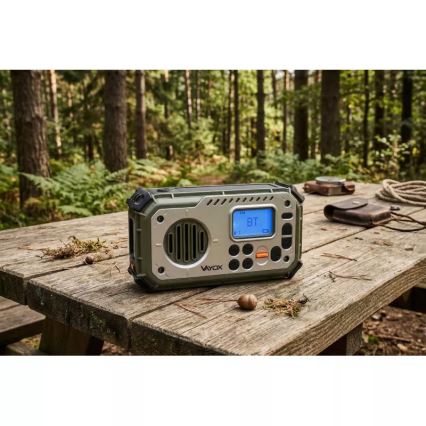 Kempingové rádio s klikou, solárním panelem a LED svítilnou s funkcí powerbanky 5V/3xAAA/2000 mAh IPX4 zelená