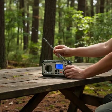 Kempingové rádio s klikou, solárním panelem a LED svítilnou s funkcí powerbanky 5V/3xAAA/2000 mAh IPX4 zelená