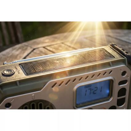 Kempingové rádio s klikou, solárním panelem a LED svítilnou s funkcí powerbanky 5V/3xAAA/2000 mAh IPX4 zelená
