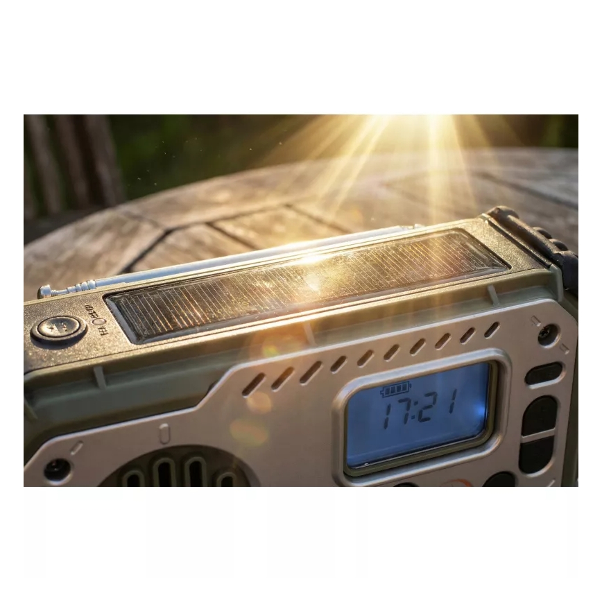 Kempingové rádio s klikou, solárním panelem a LED svítilnou s funkcí powerbanky 5V/3xAAA/2000 mAh IPX4 zelená