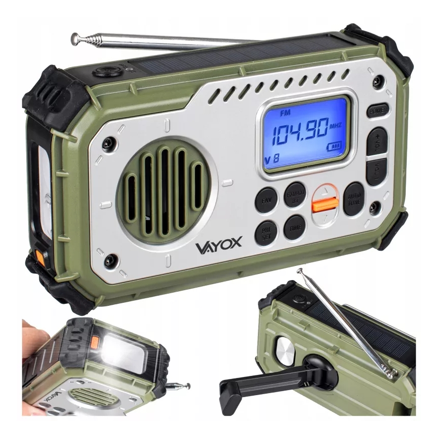 Kempingové rádio s klikou, solárním panelem a LED svítilnou s funkcí powerbanky 5V/3xAAA/2000 mAh IPX4 zelená