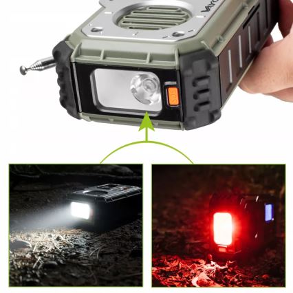 Kempingové rádio s klikou, solárním panelem a LED svítilnou s funkcí powerbanky 5V/3xAAA/2000 mAh IPX4 zelená