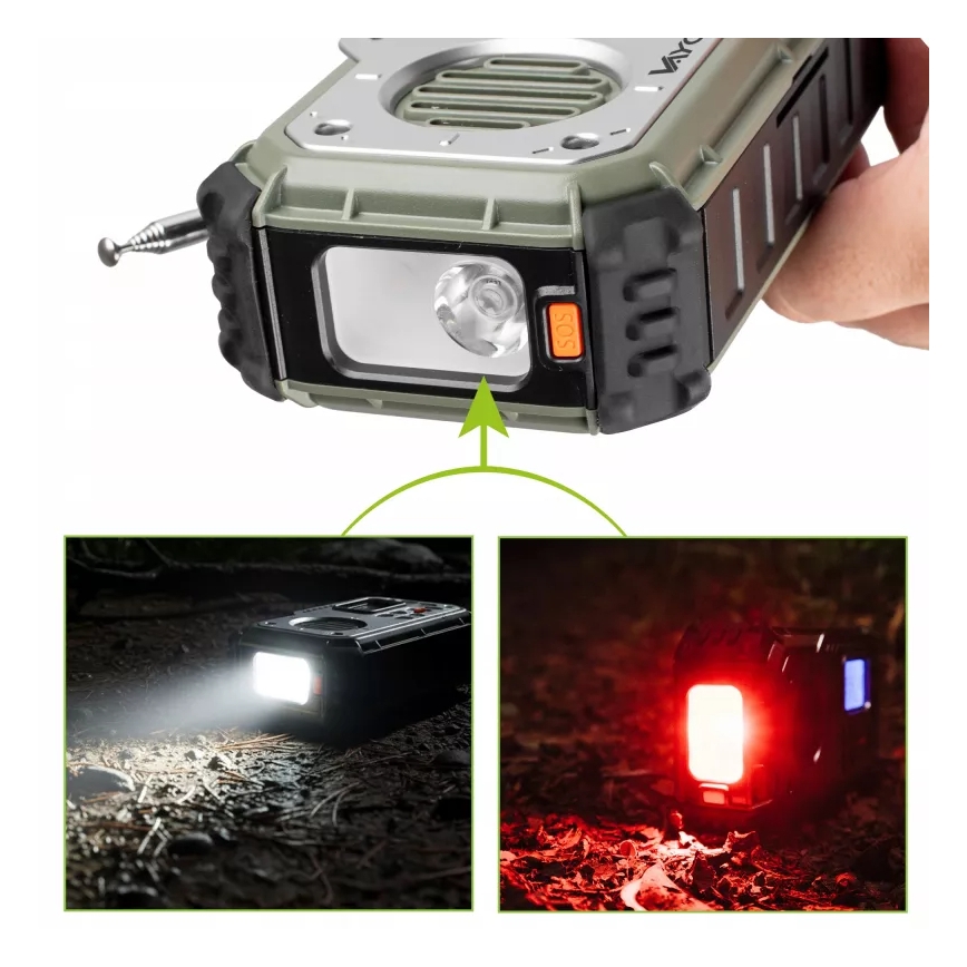 Kempingové rádio s klikou, solárním panelem a LED svítilnou s funkcí powerbanky 5V/3xAAA/2000 mAh IPX4 zelená