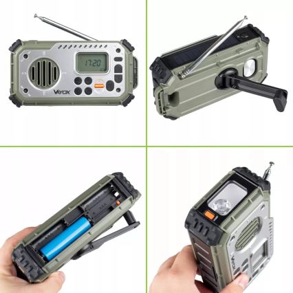 Kempingové rádio s klikou, solárním panelem a LED svítilnou s funkcí powerbanky 5V/3xAAA/2000 mAh IPX4 zelená