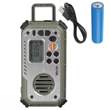 Kempingové rádio s klikou, solárním panelem a LED svítilnou s funkcí powerbanky 5V/3xAAA/2000 mAh IPX4 zelená