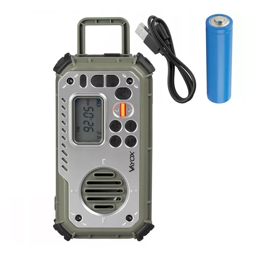Kempingové rádio s klikou, solárním panelem a LED svítilnou s funkcí powerbanky 5V/3xAAA/2000 mAh IPX4 zelená