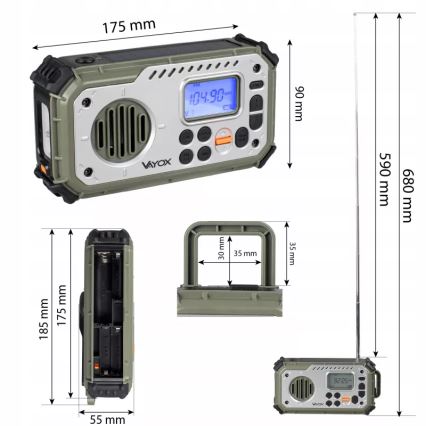Kempingové rádio s klikou, solárním panelem a LED svítilnou s funkcí powerbanky 5V/3xAAA/2000 mAh IPX4 zelená