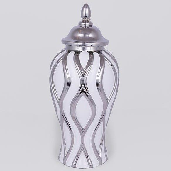 Keramická dóza 35x18,5 cm stříbrná/bílá