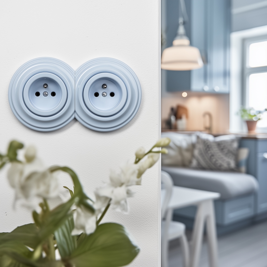 Kliklap - Dvojitá retro zásuvka domovní s rámečkem 230V modrá