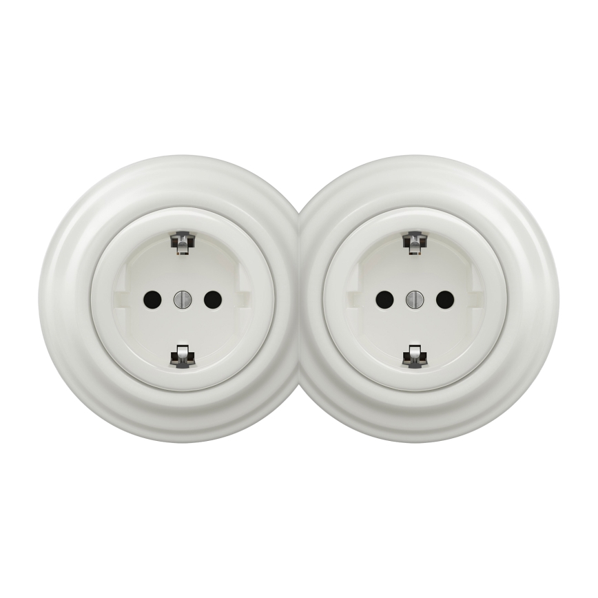 Kliklap - Dvojitá retro zásuvka domovní s rámečkem SCHUKO 230V/16A bílá