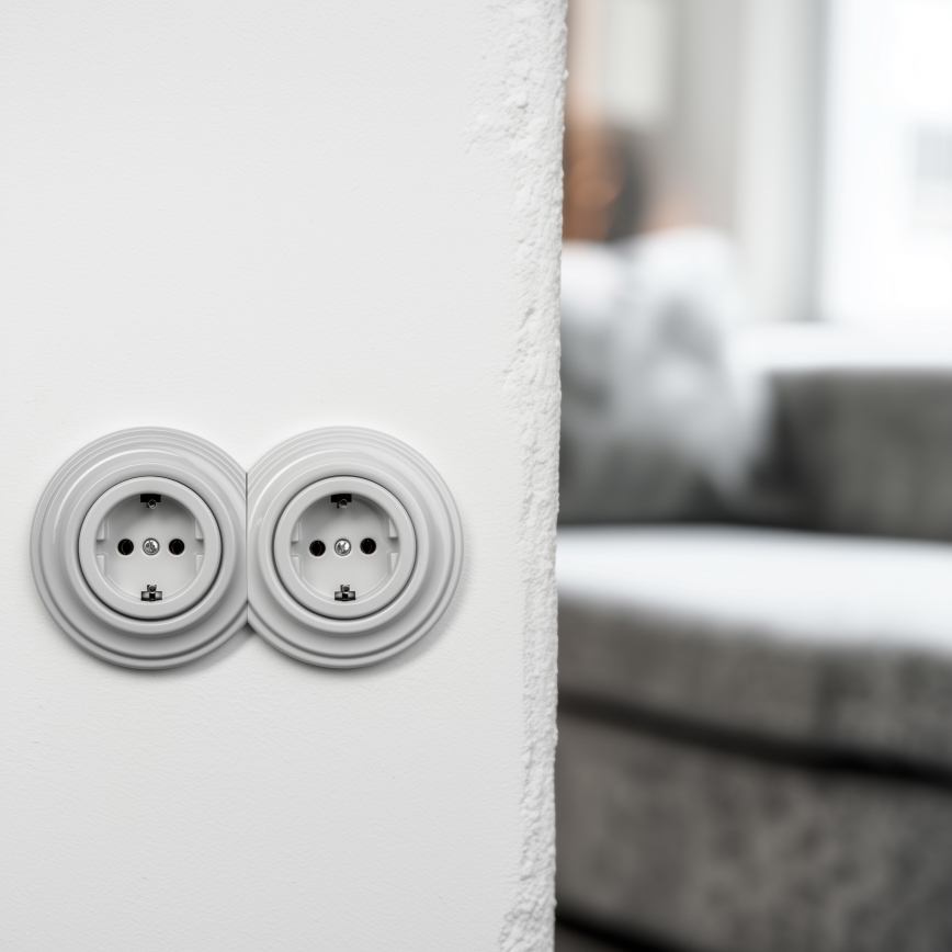 Kliklap - Dvojitá retro zásuvka domovní s rámečkem SCHUKO 230V/16A keramická bílá