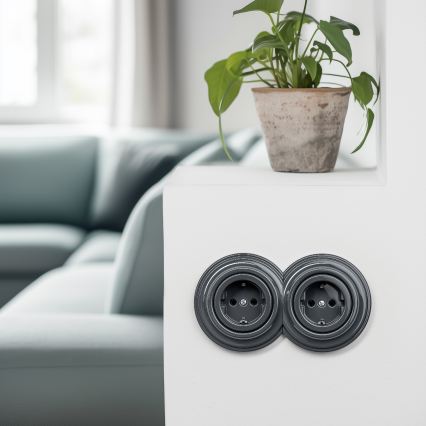 Kliklap - Dvojitá retro zásuvka domovní s rámečkem SCHUKO 230V antracit