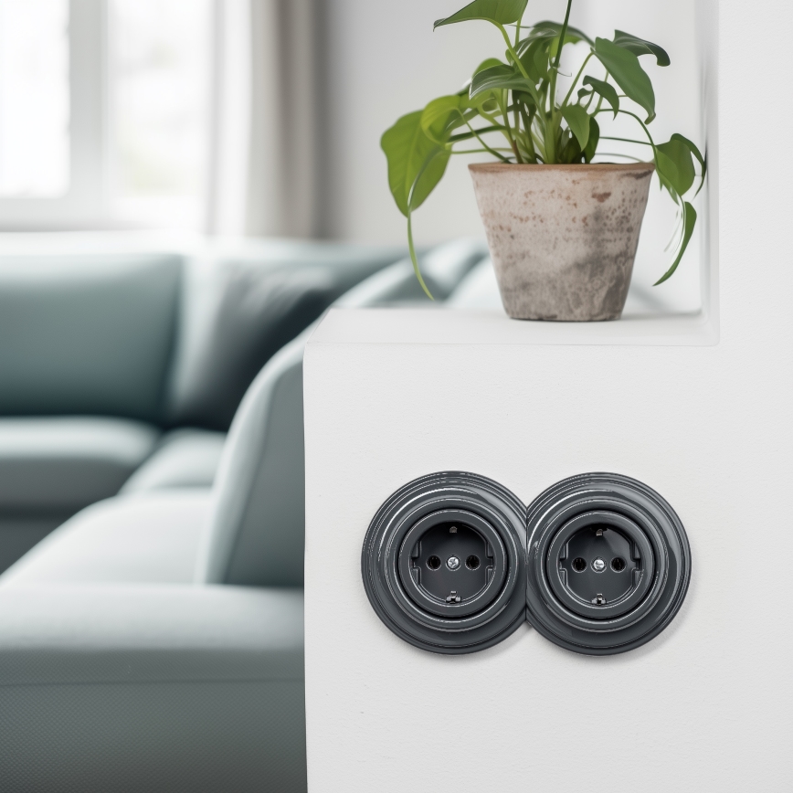 Kliklap - Dvojitá retro zásuvka domovní s rámečkem SCHUKO 230V antracit