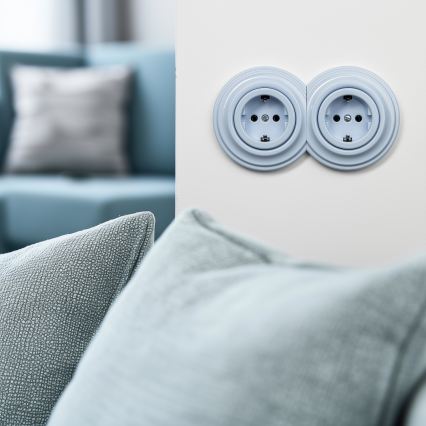 Kliklap - Dvojitá retro zásuvka domovní s rámečkem SCHUKO 230V modrá