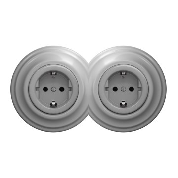 Kliklap - Dvojitá retro zásuvka domovní s rámečkem SCHUKO 230V šedá