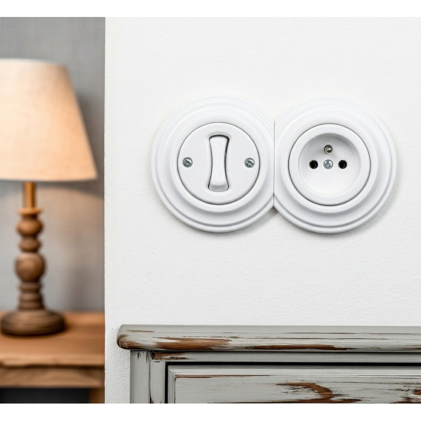 Kliklap - Retro jednopólový vypínač č. 1 a zásuvka 230V s rámečkem sněhově bílá