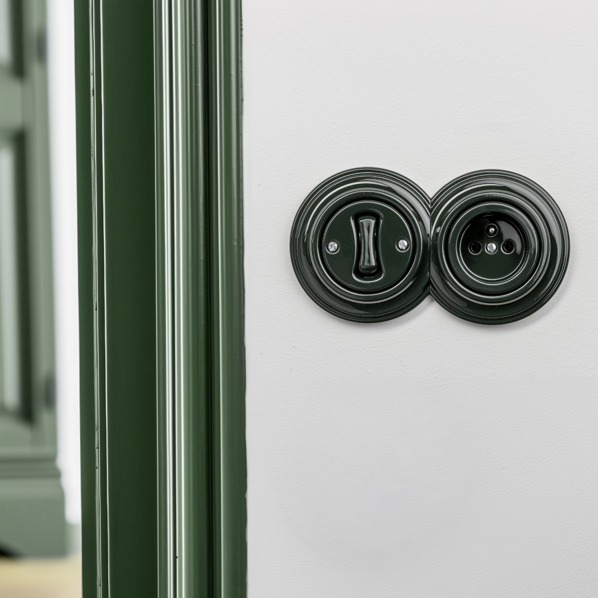 Kliklap - Retro jednopólový vypínač č. 1 a zásuvka 230V s rámečkem zelená