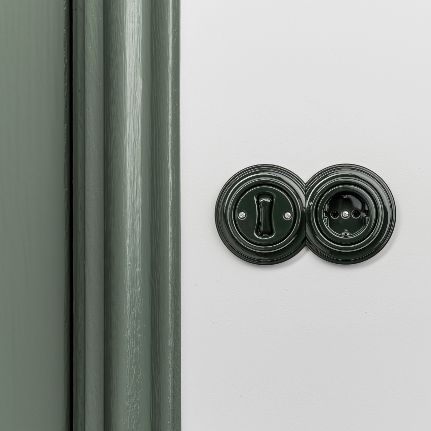 Kliklap - Retro jednopólový vypínač č. 1 a zásuvka SCHUKO 230V s rámečkem zelená