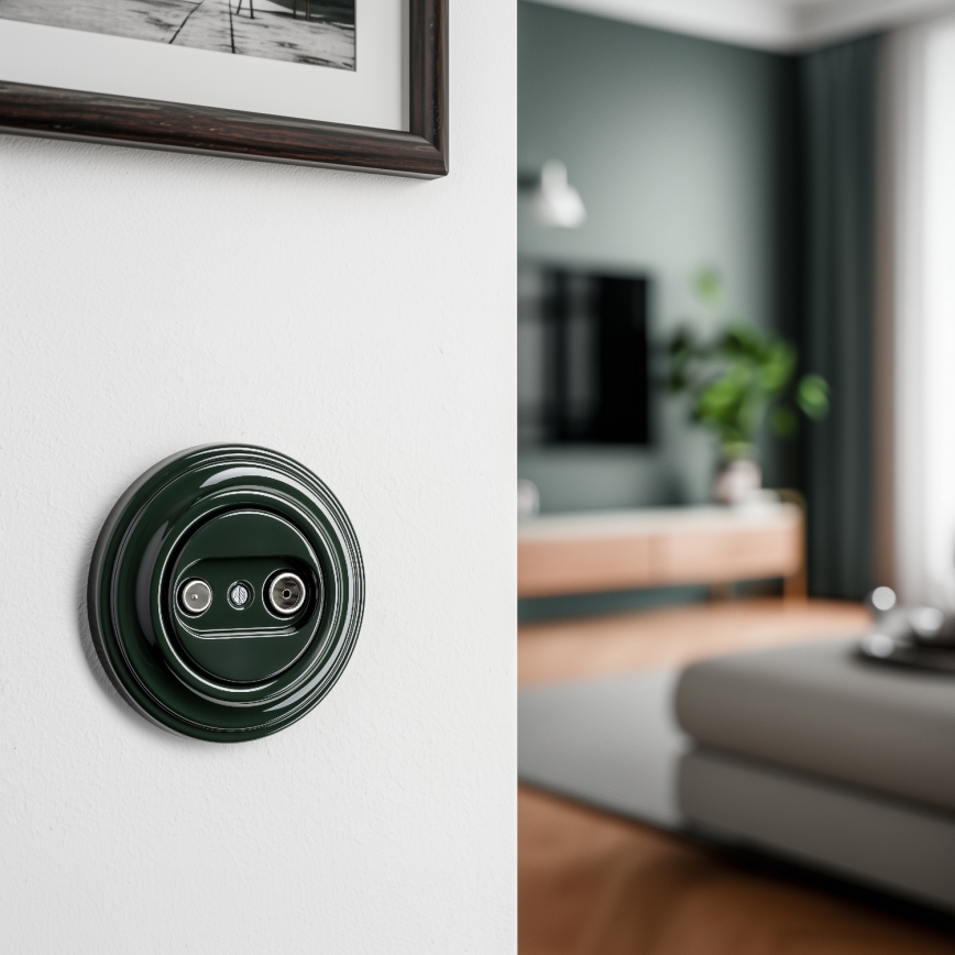 Kliklap - Retro účastnická zásuvka TV+R (koncová) s rámečkem zelená