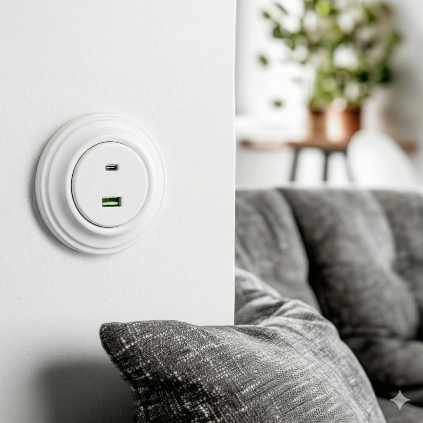 Kliklap - Retro USB zásuvka A+C s rámečkem sněhově bílá