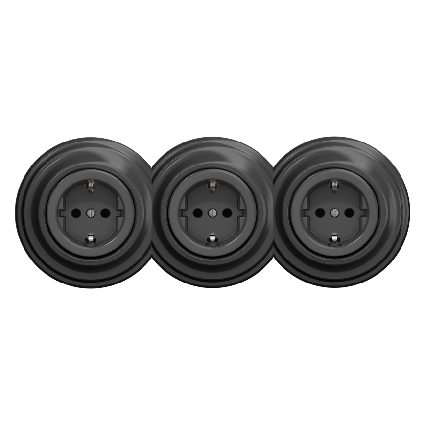 Kliklap - Trojitá retro zásuvka domovní s rámečkem SCHUKO 230V antracit