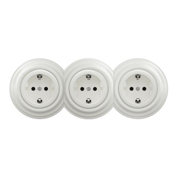 Kliklap - Trojitá retro zásuvka domovní s rámečkem SCHUKO 230V bílá