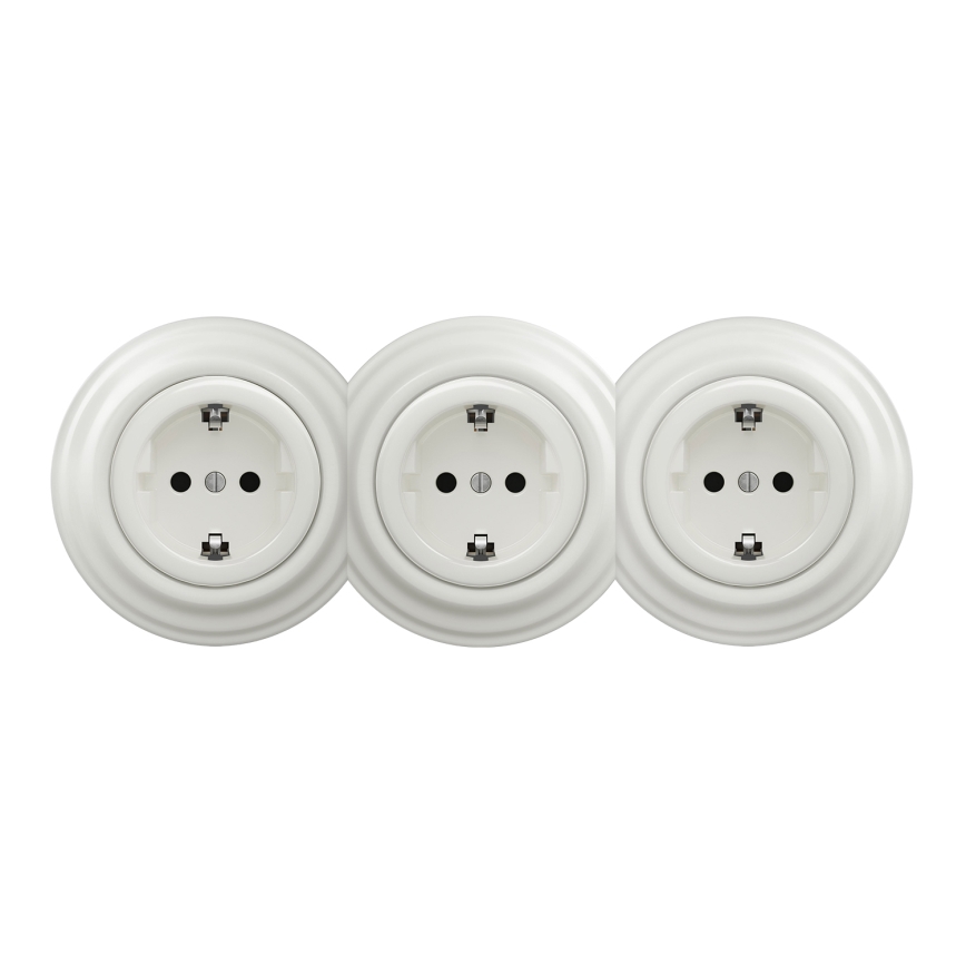 Kliklap - Trojitá retro zásuvka domovní s rámečkem SCHUKO 230V bílá