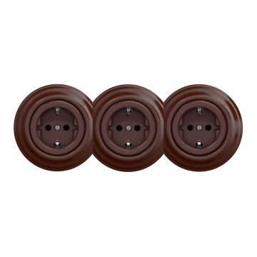 Kliklap - Trojitá retro zásuvka domovní s rámečkem SCHUKO 230V hnědá
