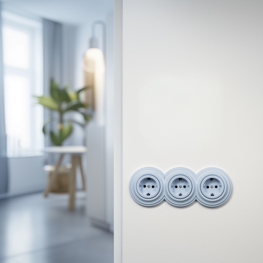 Kliklap - Trojitá retro zásuvka domovní s rámečkem SCHUKO 230V modrá