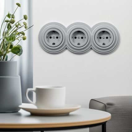 Kliklap - Trojitá retro zásuvka domovní s rámečkem SCHUKO 230V šedá