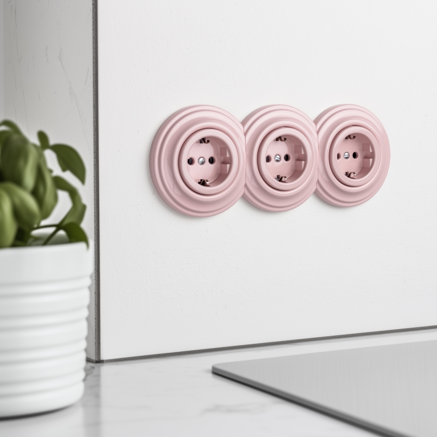 Kliklap - Trojitá retro zásuvka domovní s rámečkem SCHUKO 230V starorůžová